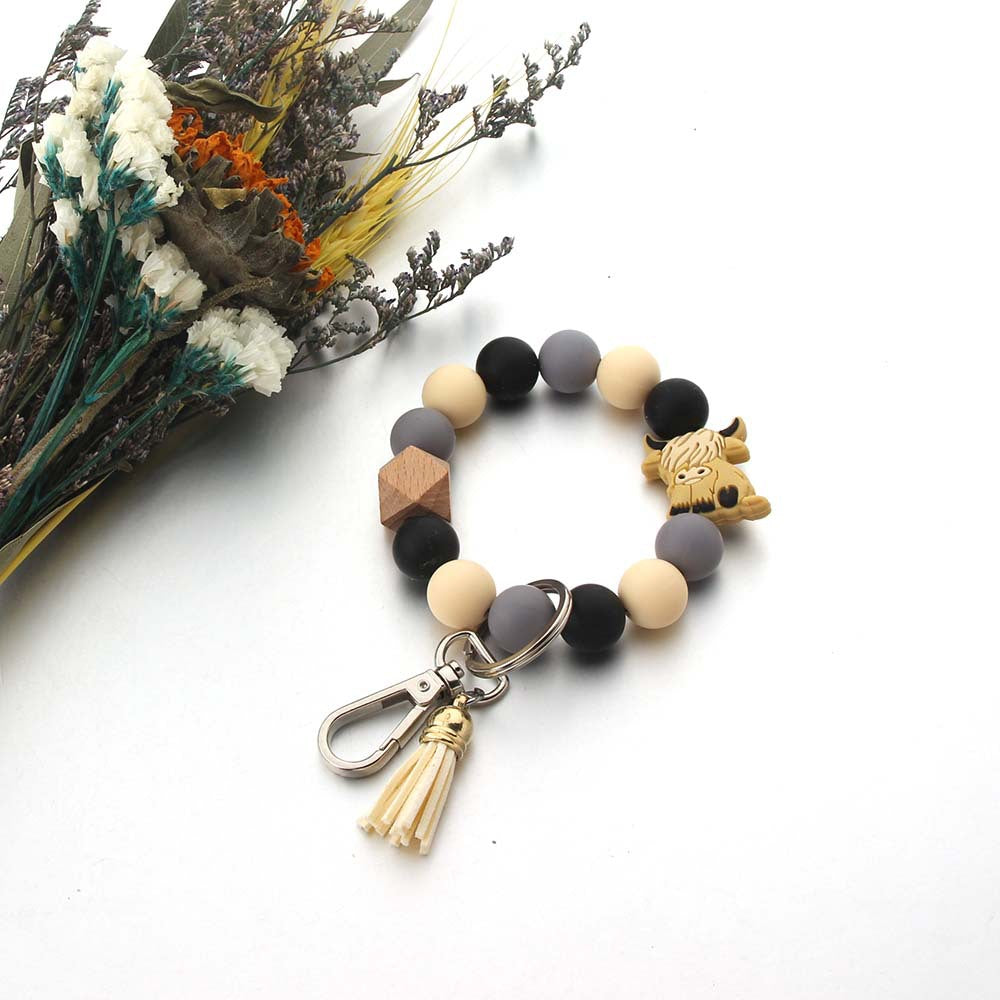 Wholesale Cartoon Bull Head Cow Silicone Beads Wooden Beads Wrist Keychain